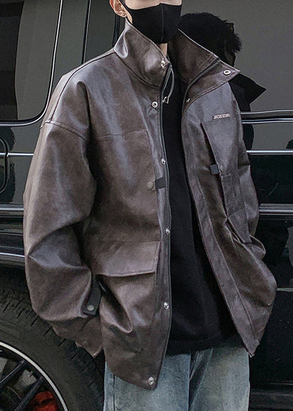 Brown Zip Up Pockets Faux Leather Coat Spring Rn016
