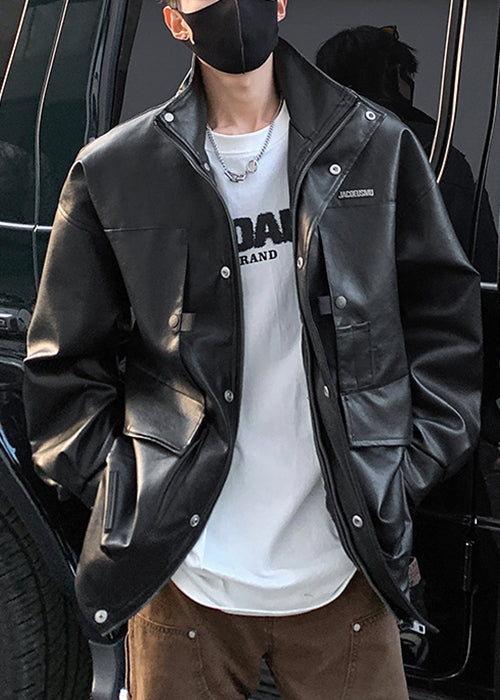 Brown Zip Up Pockets Faux Leather Coat Spring Rn016