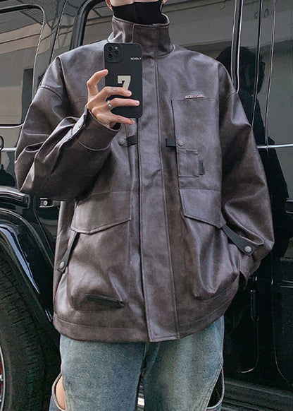 Brown Zip Up Pockets Faux Leather Coat Spring Rn016