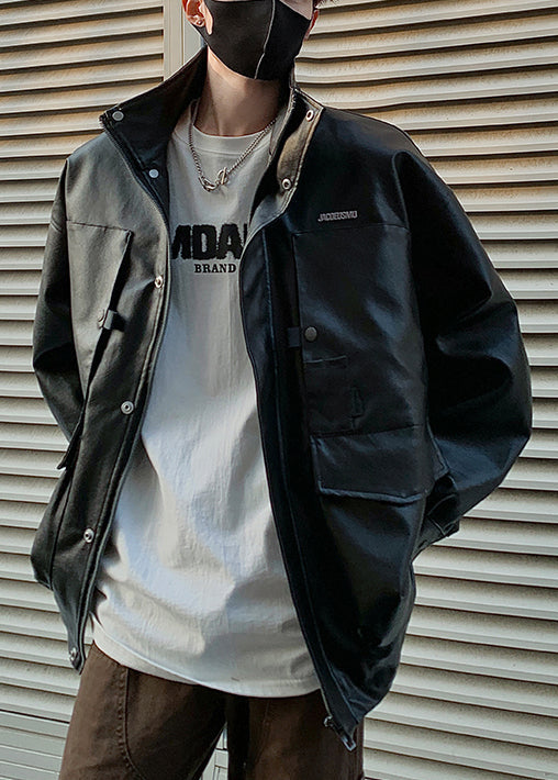 Brown Zip Up Pockets Faux Leather Coat Spring Rn016