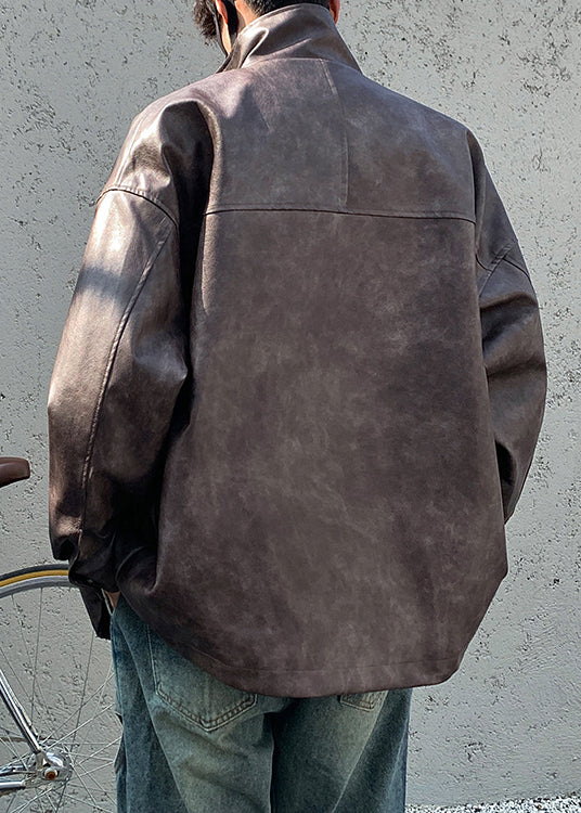 Brown Zip Up Pockets Faux Leather Coat Spring Rn016