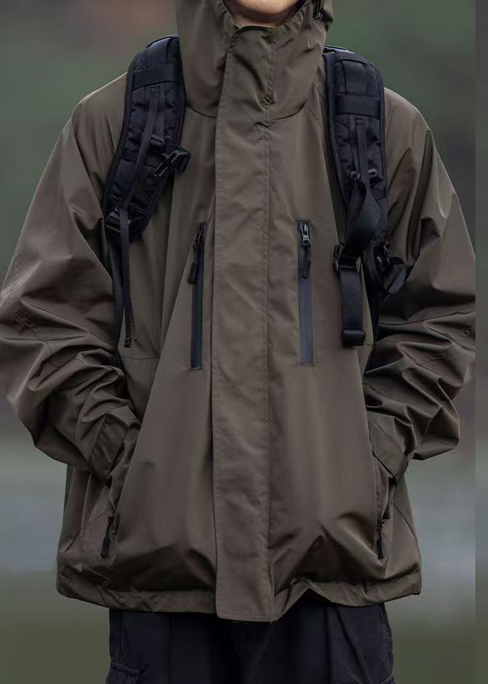 Zippered Brown Spring Oversized Pockets Cotton Coats