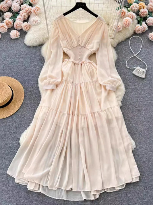Chiffon Long Dress V-neck Long Sleeved Dresses French Pleated Slim A-line Long Robe Vestidos
