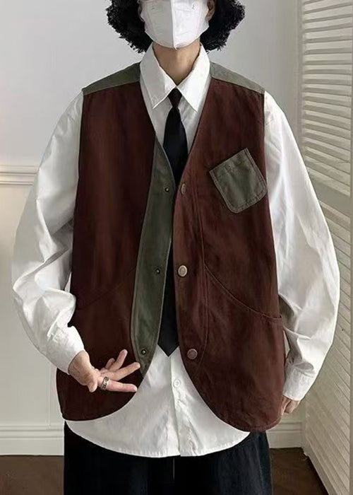 Coffee V Neck Patchwork Cotton Waistcoat Spring Rn005