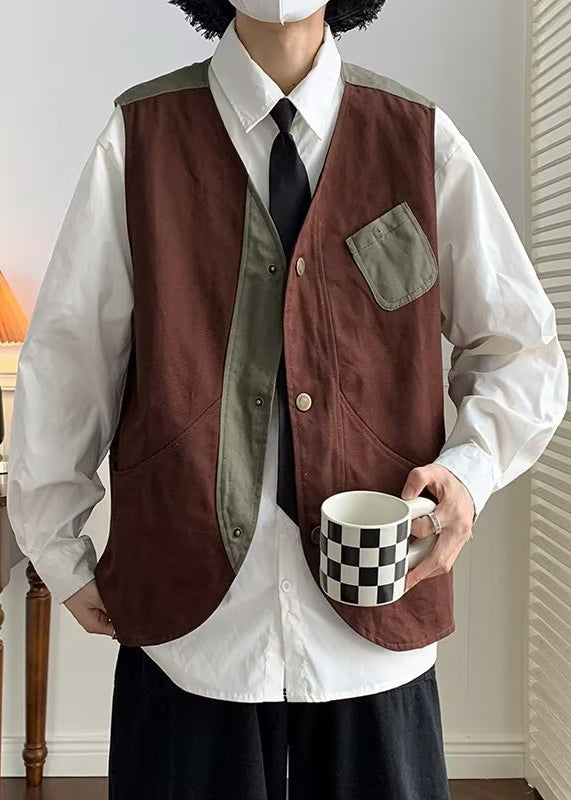 Coffee V Neck Patchwork Cotton Waistcoat Spring Rn005