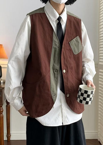 Coffee V Neck Patchwork Cotton Waistcoat Spring Rn005