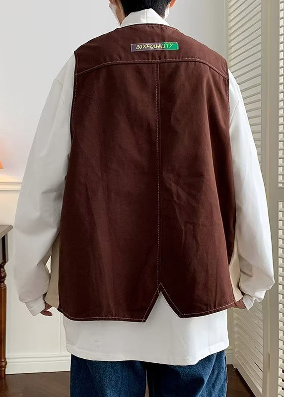 Coffee V Neck Patchwork Cotton Waistcoat Spring Rn005