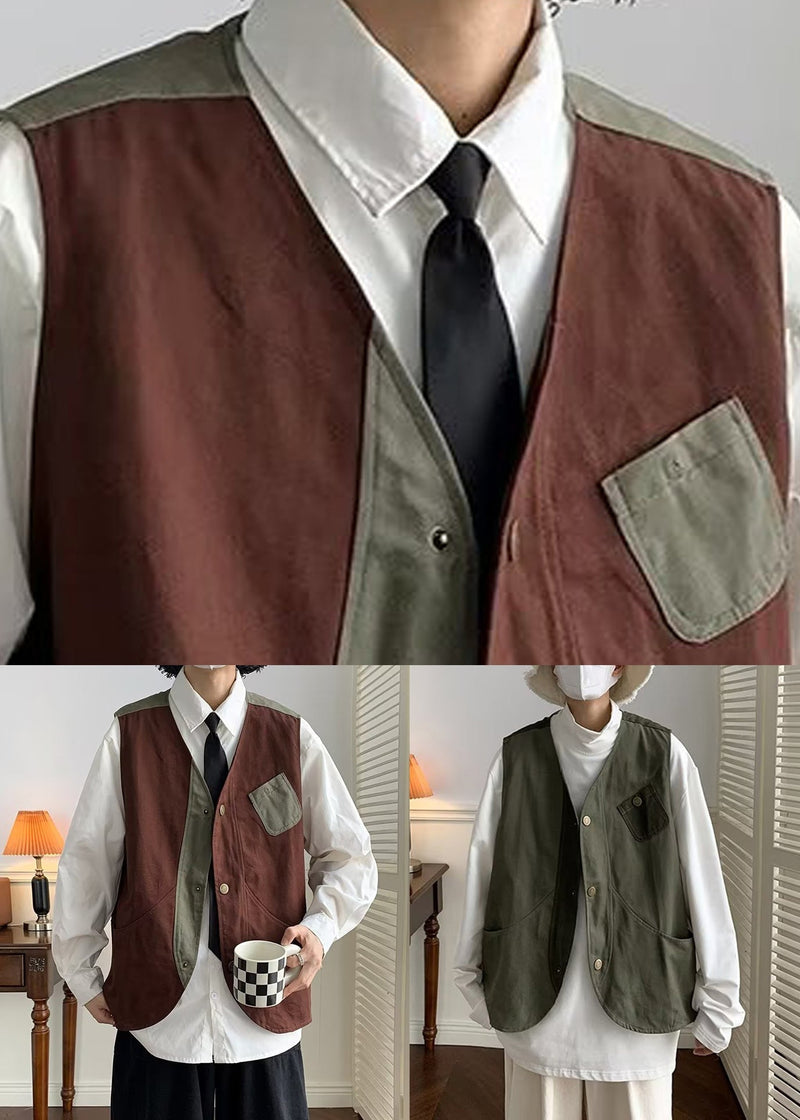 Coffee V Neck Patchwork Cotton Waistcoat Spring Rn005