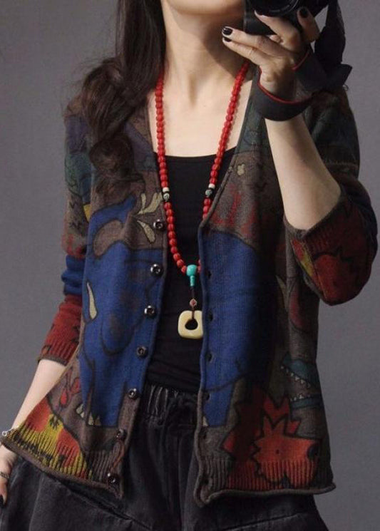 Coffee V Neck Print Button Knit Cardigan Spring Tz050