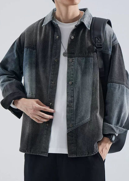 Coat Peter Pan Button Spring Colorblock Collar Denim