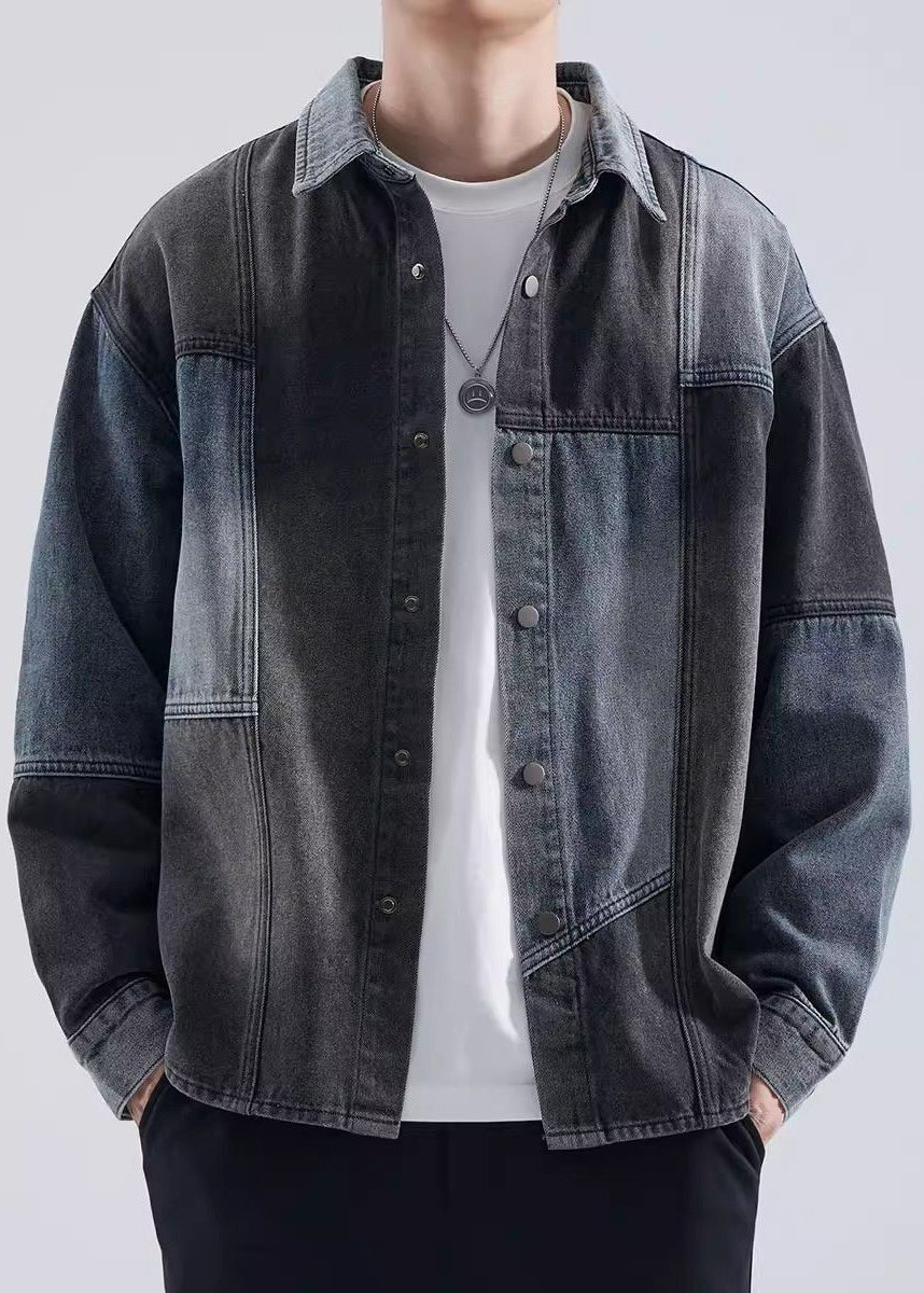 Coat Peter Pan Button Spring Colorblock Collar Denim