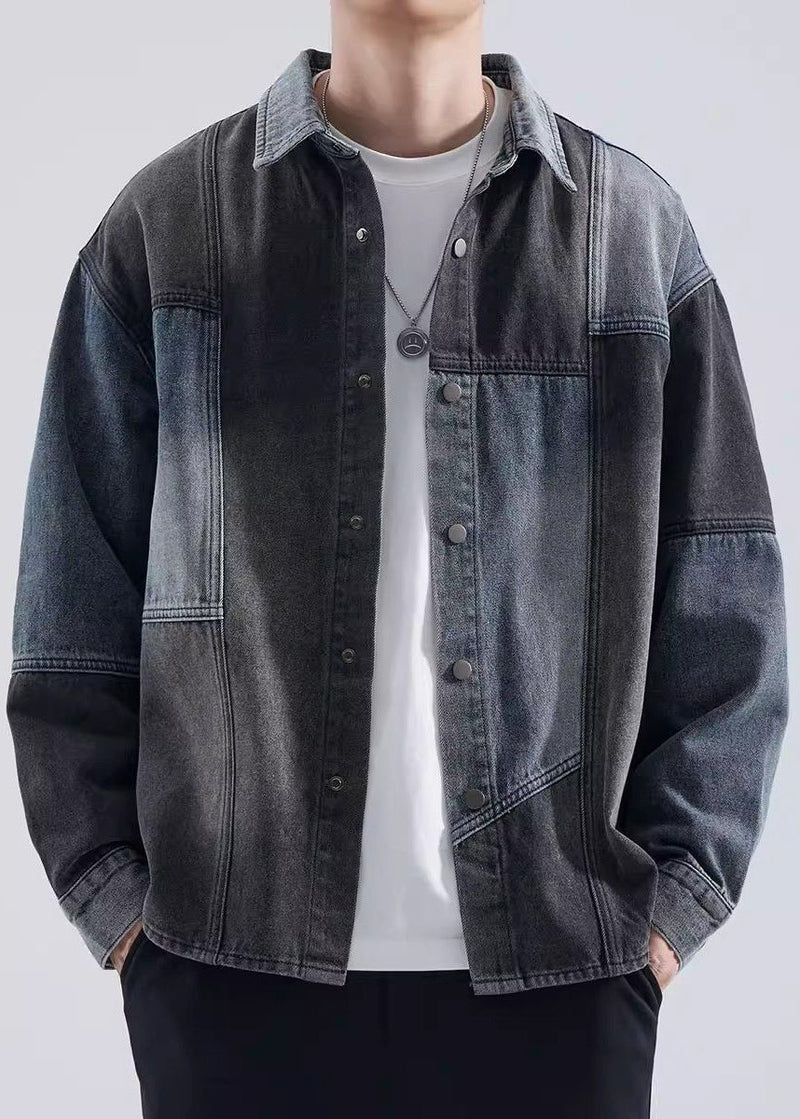 Coat Peter Pan Button Spring Colorblock Collar Denim