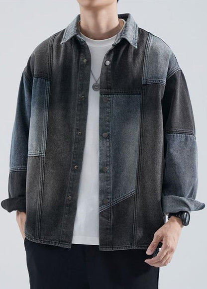 Coat Peter Pan Button Spring Colorblock Collar Denim