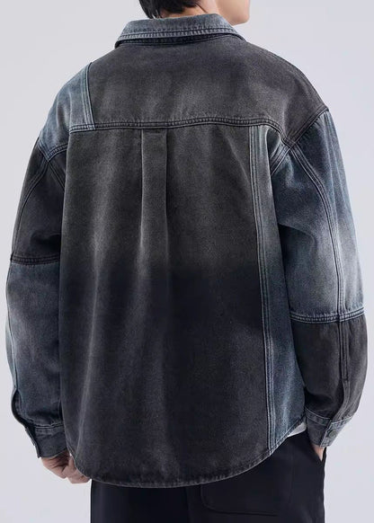 Coat Peter Pan Button Spring Colorblock Collar Denim