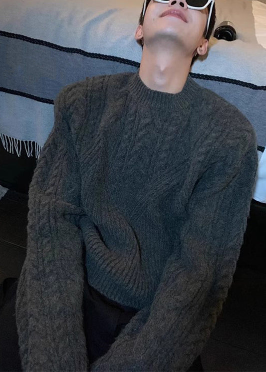 Dark Gray O Neck Thick Cable Knit Sweaters Spring Tk005