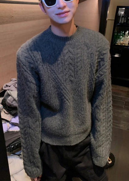 Dark Gray O Neck Thick Cable Knit Sweaters Spring Tk005