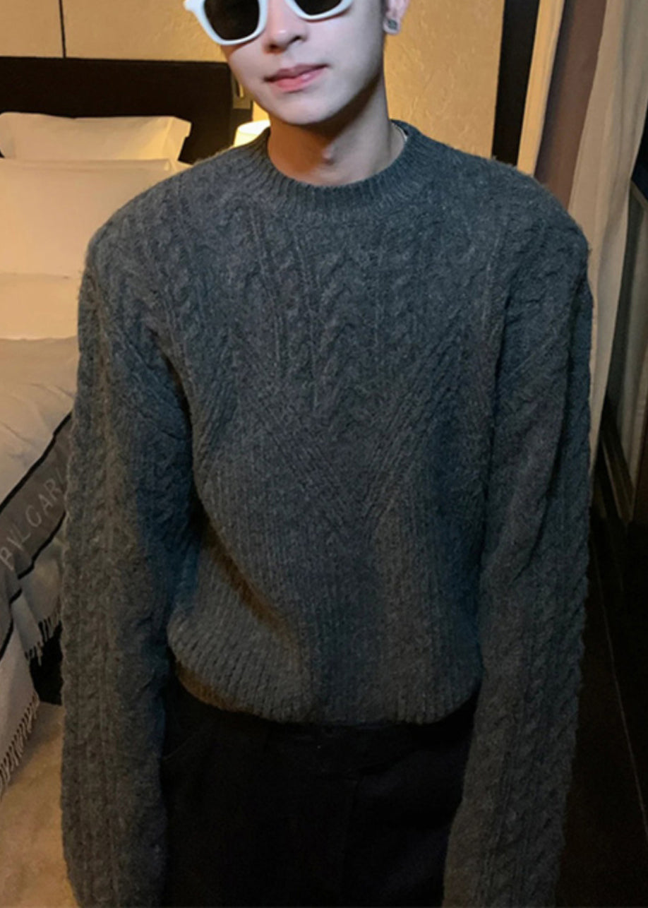 Dark Gray O Neck Thick Cable Knit Sweaters Spring Tk005