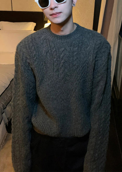 Dark Gray O Neck Thick Cable Knit Sweaters Spring Tk005