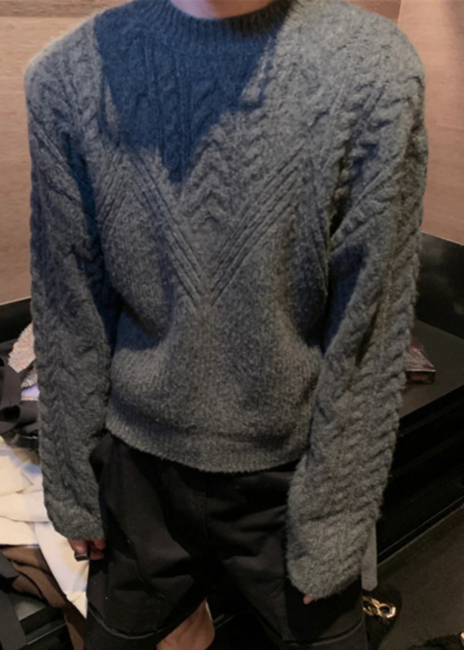 Dark Gray O Neck Thick Cable Knit Sweaters Spring Tk005