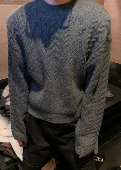 Dark Gray O Neck Thick Cable Knit Sweaters Spring Tk005