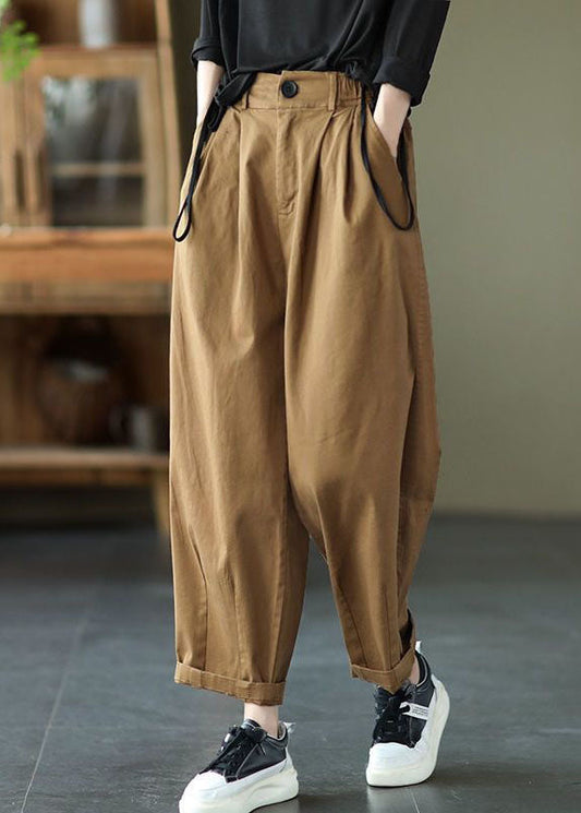 Dark Khaki Pockets Patchwork Cotton Pants Summer Ly0624