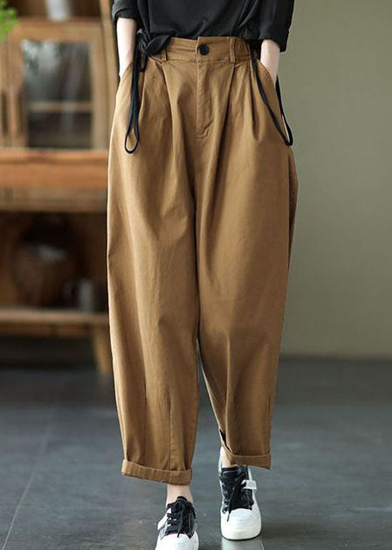 Dark Khaki Pockets Patchwork Cotton Pants Summer Ly0624