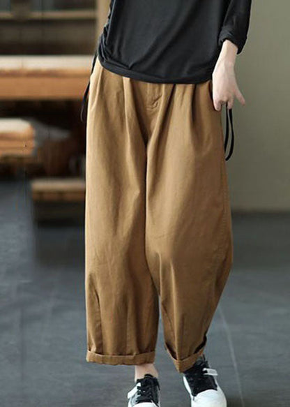 Dark Khaki Pockets Patchwork Cotton Pants Summer Ly0624