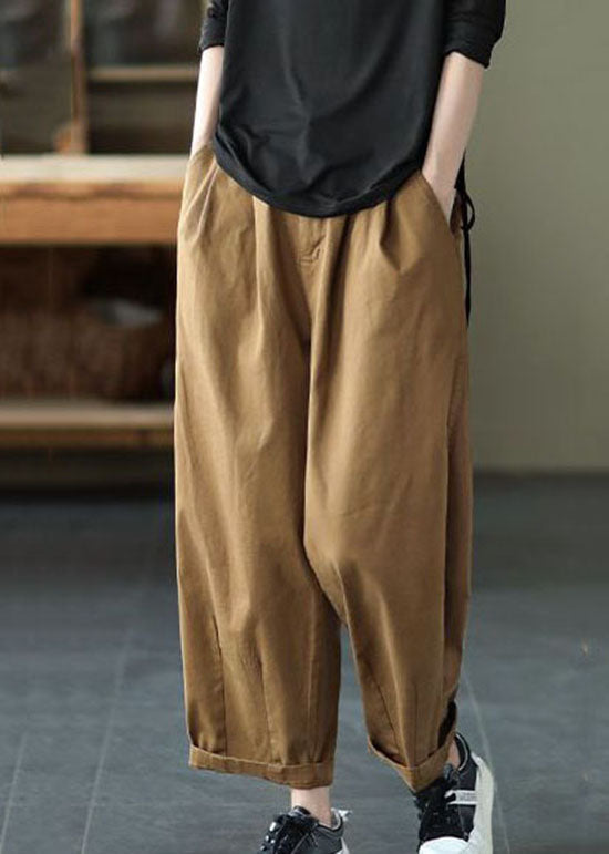 Dark Khaki Pockets Patchwork Cotton Pants Summer Ly0624