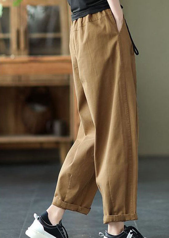 Dark Khaki Pockets Patchwork Cotton Pants Summer Ly0624