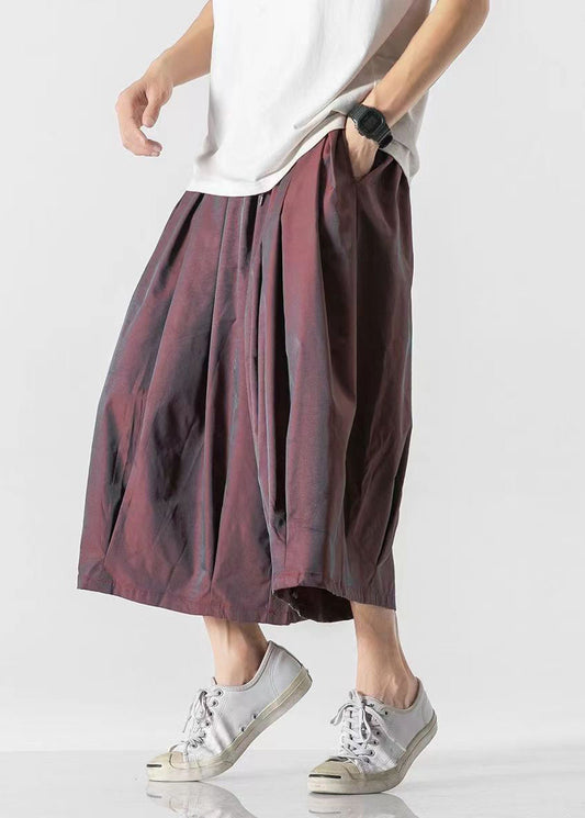 Dark Red Pockets Elastic Waist Lantern Pants Yt017