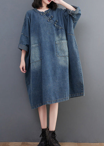 Denim Blue O-neck Patchwork Button Long Dress Long Sleeve Ac2017