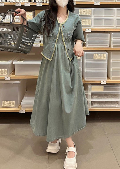 Denim Blue O-neck Patchwork Coats and Long Dress Two Piece Set Short Sleeve Ty1078