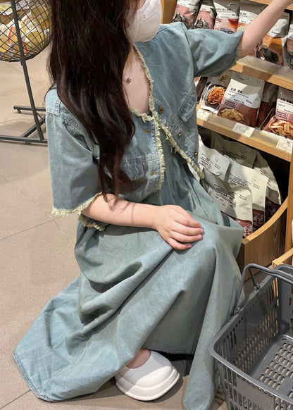 Denim Blue O-neck Patchwork Coats and Long Dress Two Piece Set Short Sleeve Ty1078