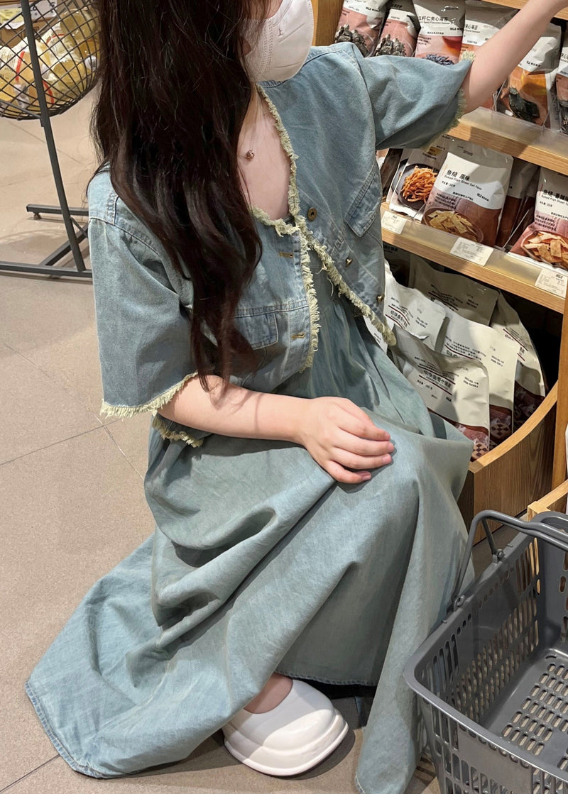 Denim Blue O-neck Patchwork Coats and Long Dress Two Piece Set Short Sleeve Ty1078
