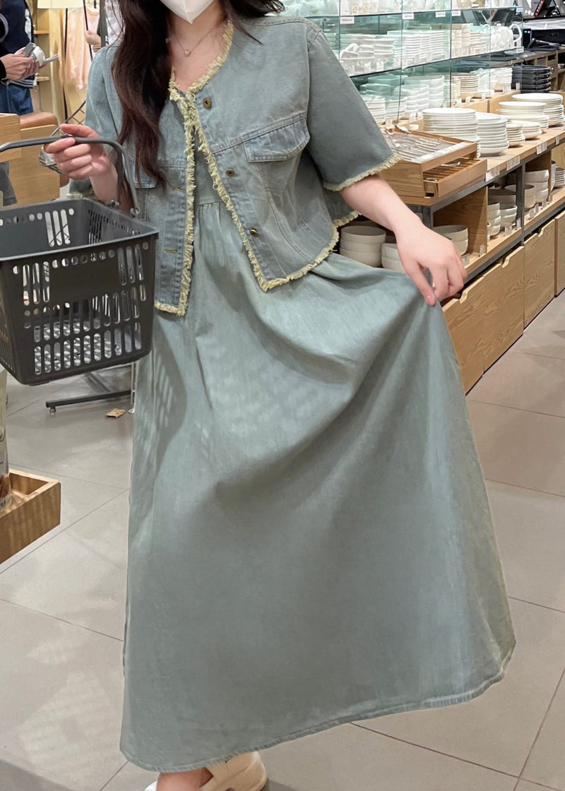 Denim Blue O-neck Patchwork Coats and Long Dress Two Piece Set Short Sleeve Ty1078