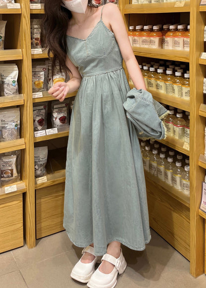 Denim Blue O-neck Patchwork Coats and Long Dress Two Piece Set Short Sleeve Ty1078