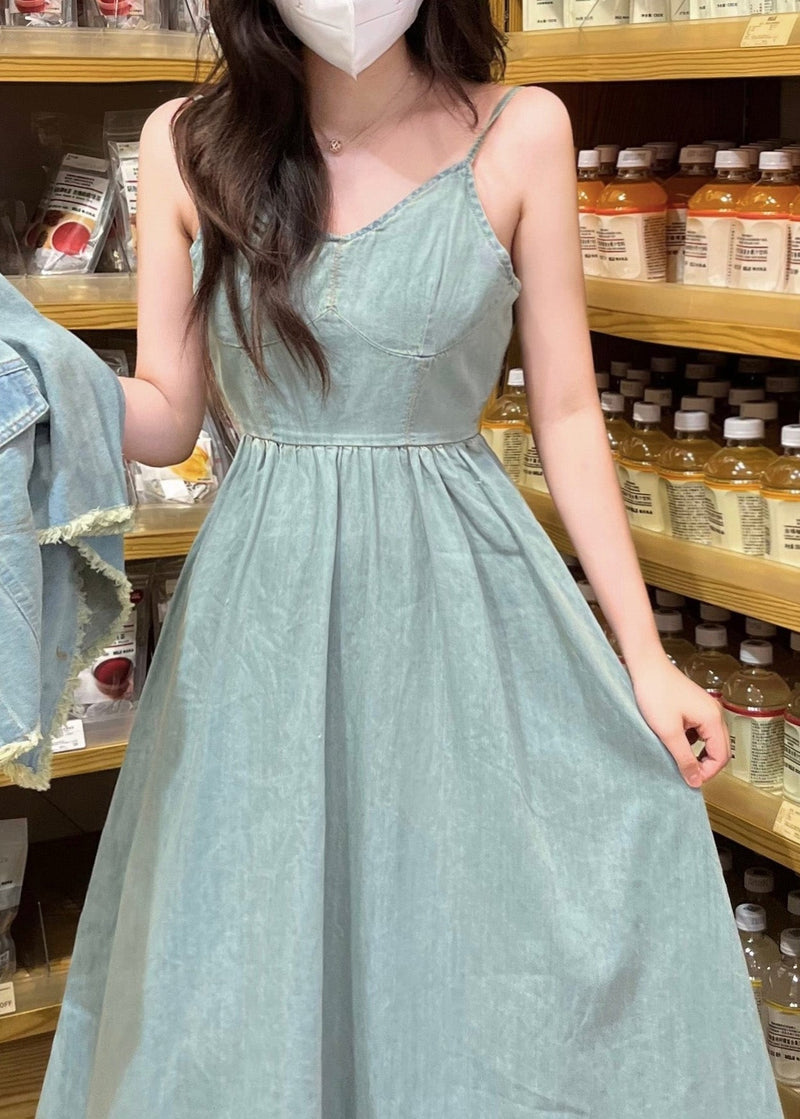 Denim Blue O-neck Patchwork Coats and Long Dress Two Piece Set Short Sleeve Ty1078