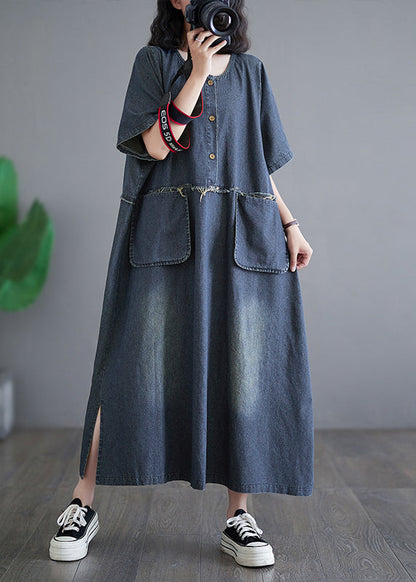 Denim Blue Patchwork Side Open Button Maxi Dresses Short Sleeve Gh1045