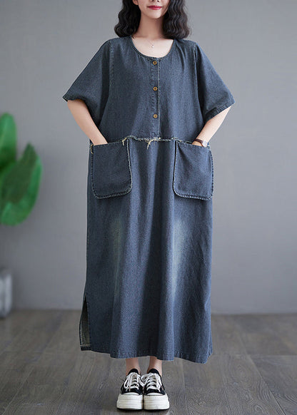 Denim Blue Patchwork Side Open Button Maxi Dresses Short Sleeve Gh1045