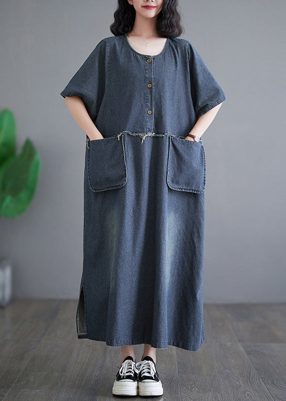 Denim Blue Patchwork Side Open Button Maxi Dresses Short Sleeve Gh1045