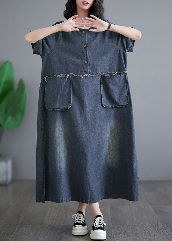 Denim Blue Patchwork Side Open Button Maxi Dresses Short Sleeve Gh1045