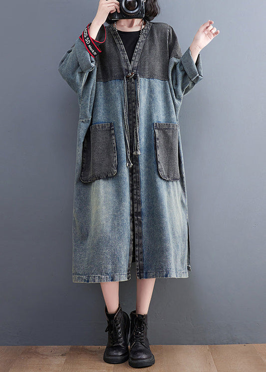 Denim Blue V Neck Patchwork Trench Coat Spring Ly0645