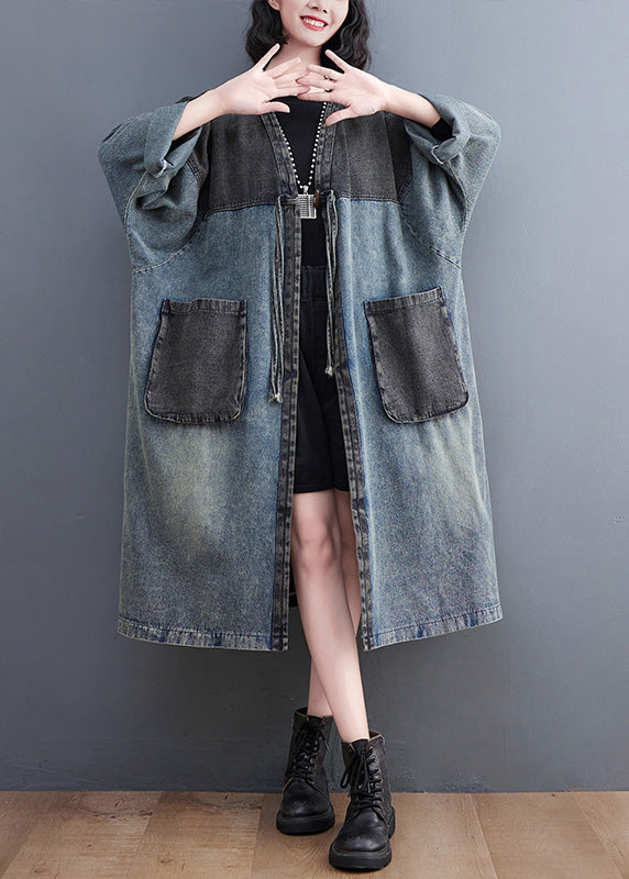 Denim Blue V Neck Patchwork Trench Coat Spring Ac2069