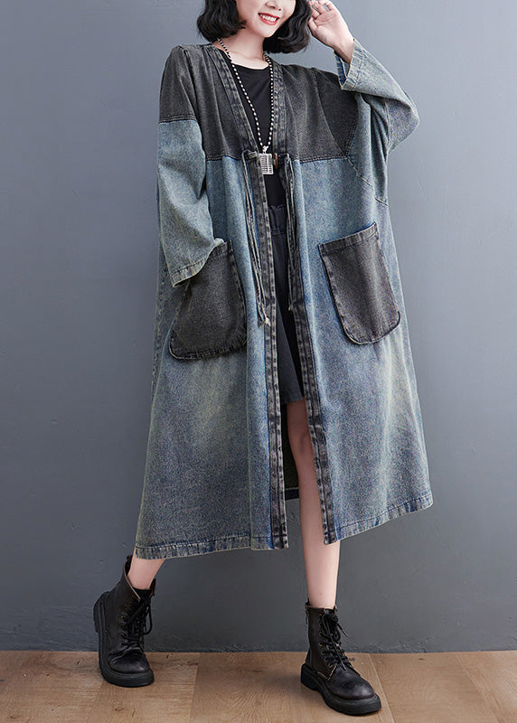 Denim Blue V Neck Patchwork Trench Coat Spring Ly0645