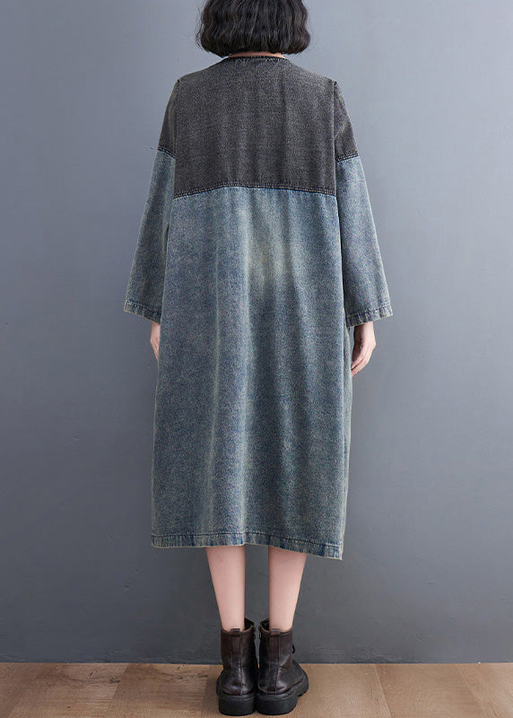 Denim Blue V Neck Patchwork Trench Coat Spring Ly0645