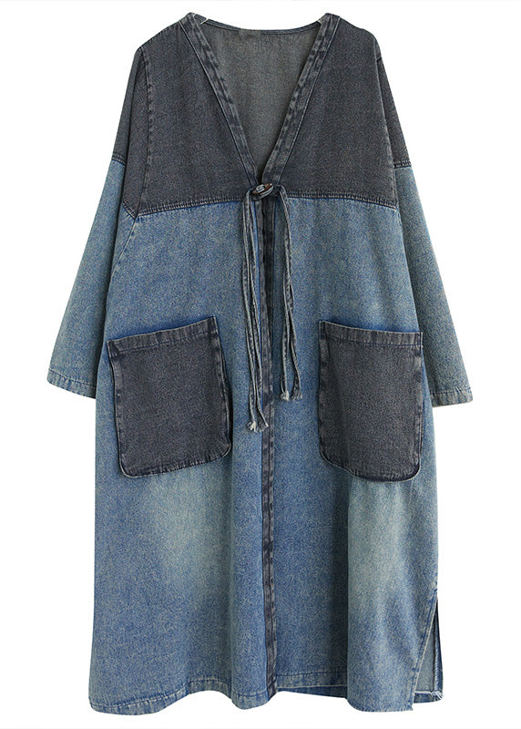 Denim Blue V Neck Patchwork Trench Coat Spring Ly0645