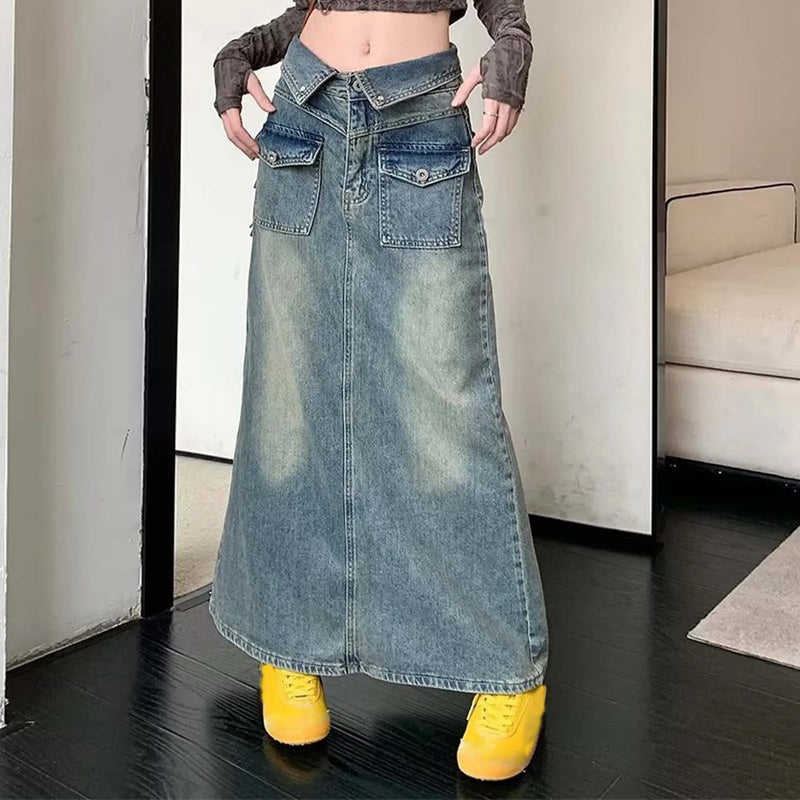 Loose Midi Wrap Denim Skirt