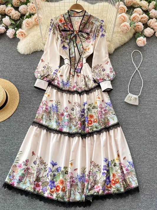Long Dress Slim Printed Party Dresses Tie Bow Elastic Waist Lantern Long Sleeve Long Robe Vestidos