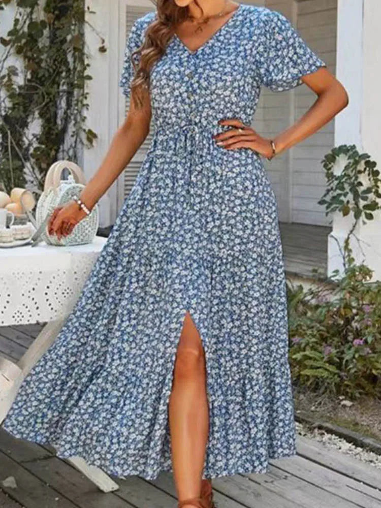 Loose New Slit Holiday Leisure Print Midi Dresses