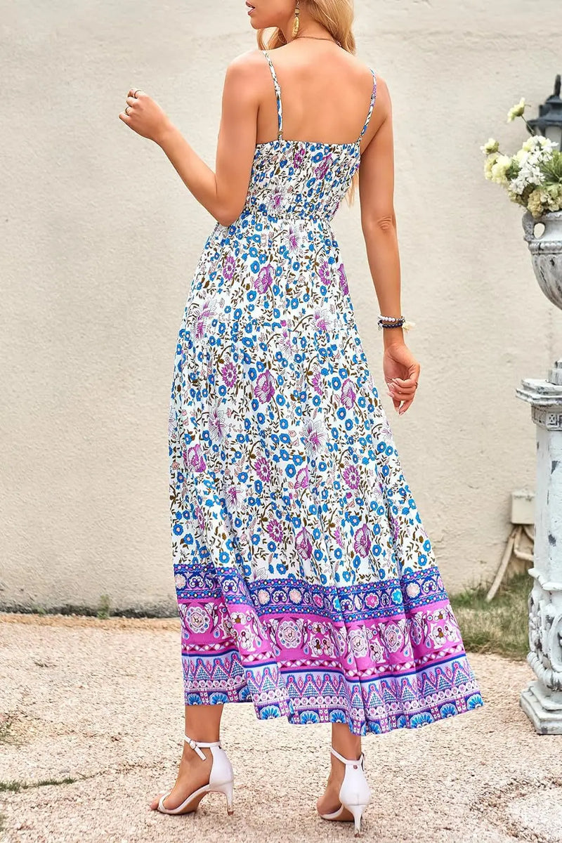 Flower Print Spaghetti Strap Dresses Beach Vacation Long Dress Female Summer New Vestidos